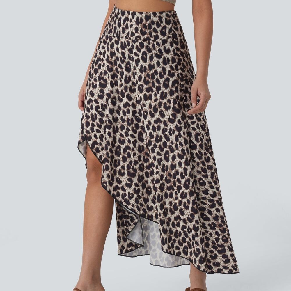 Halara Leopard Print High Low Ruffle Midi Skirt Size XL Brown Black Asymmetrical